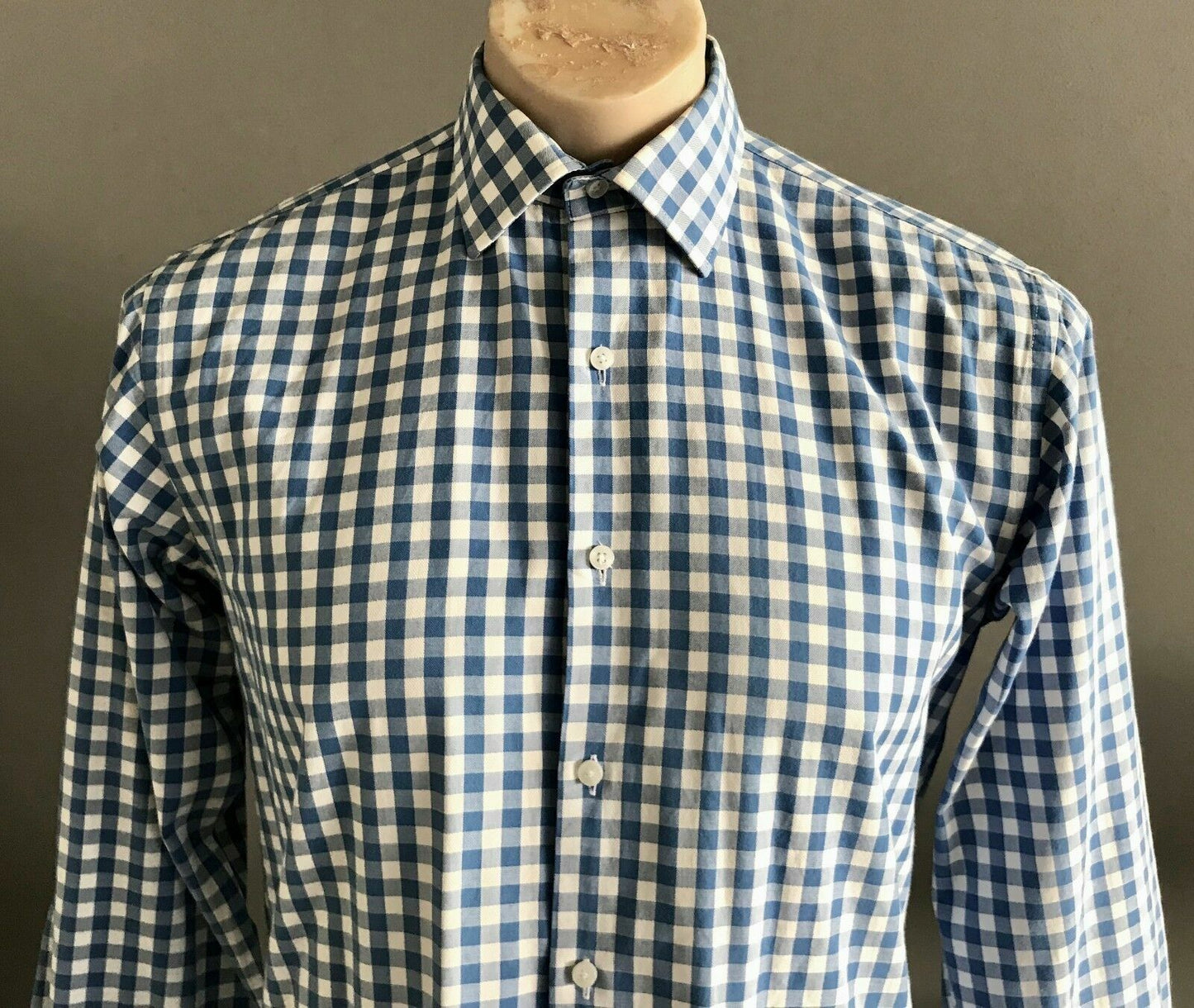 Mens VAN HEUSEN Shirt Blue & White Check European Fit Long Sleeve Size Neck 38cm