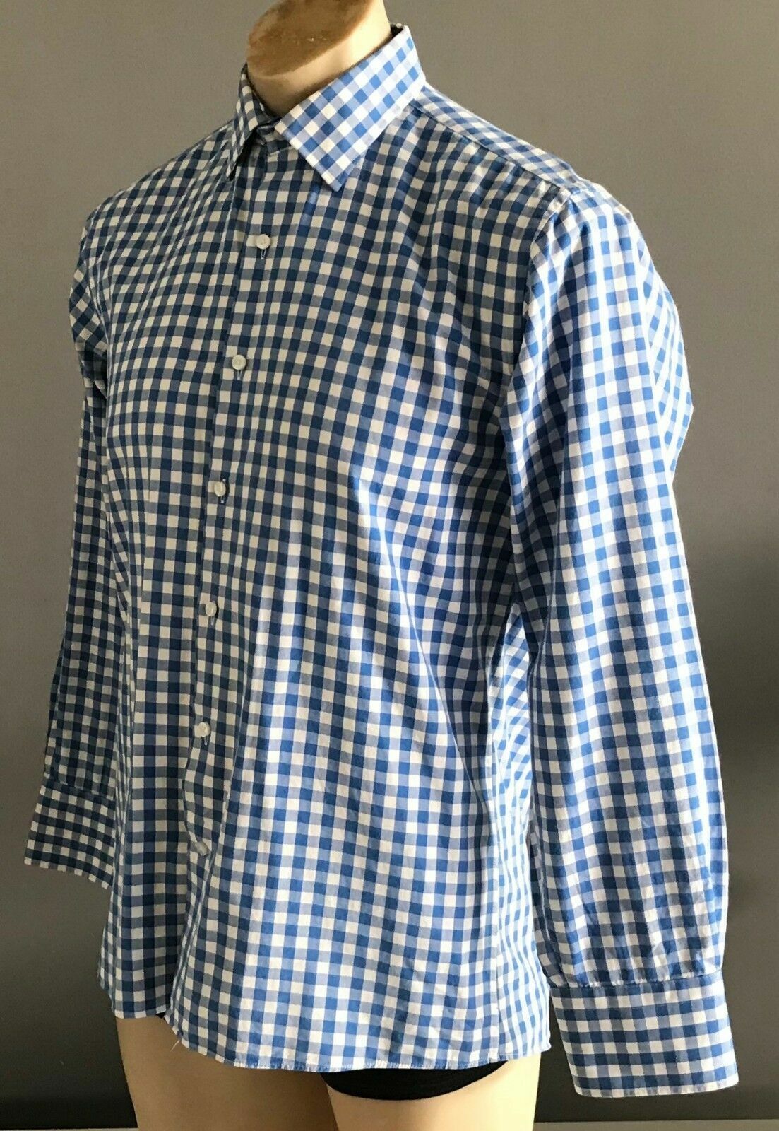 Mens VAN HEUSEN Shirt Blue & White Check European Fit Long Sleeve Size Neck 38cm