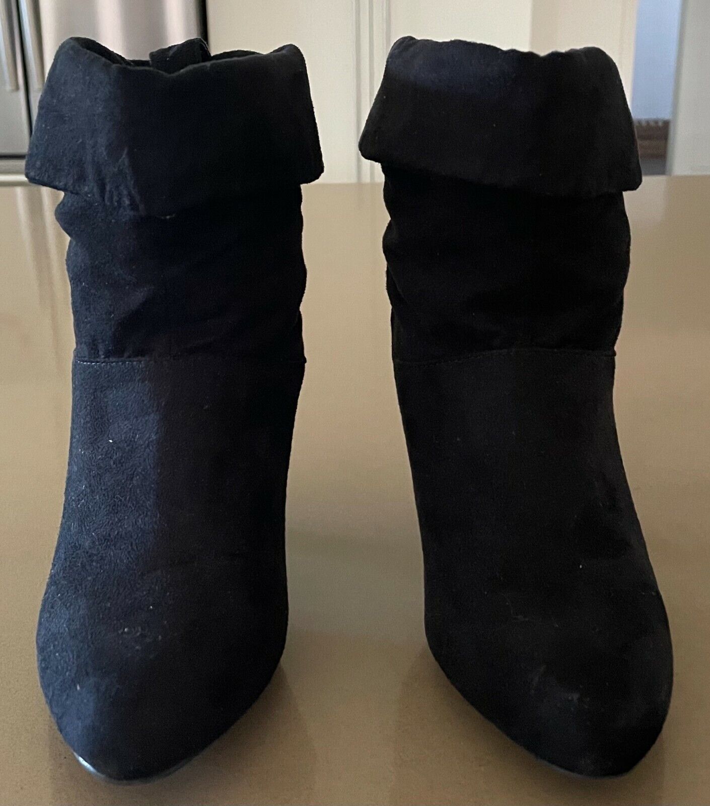 Ladies BLZAAR Ankle Boots Black Microsuede Fold Over Mid Heel Size 5