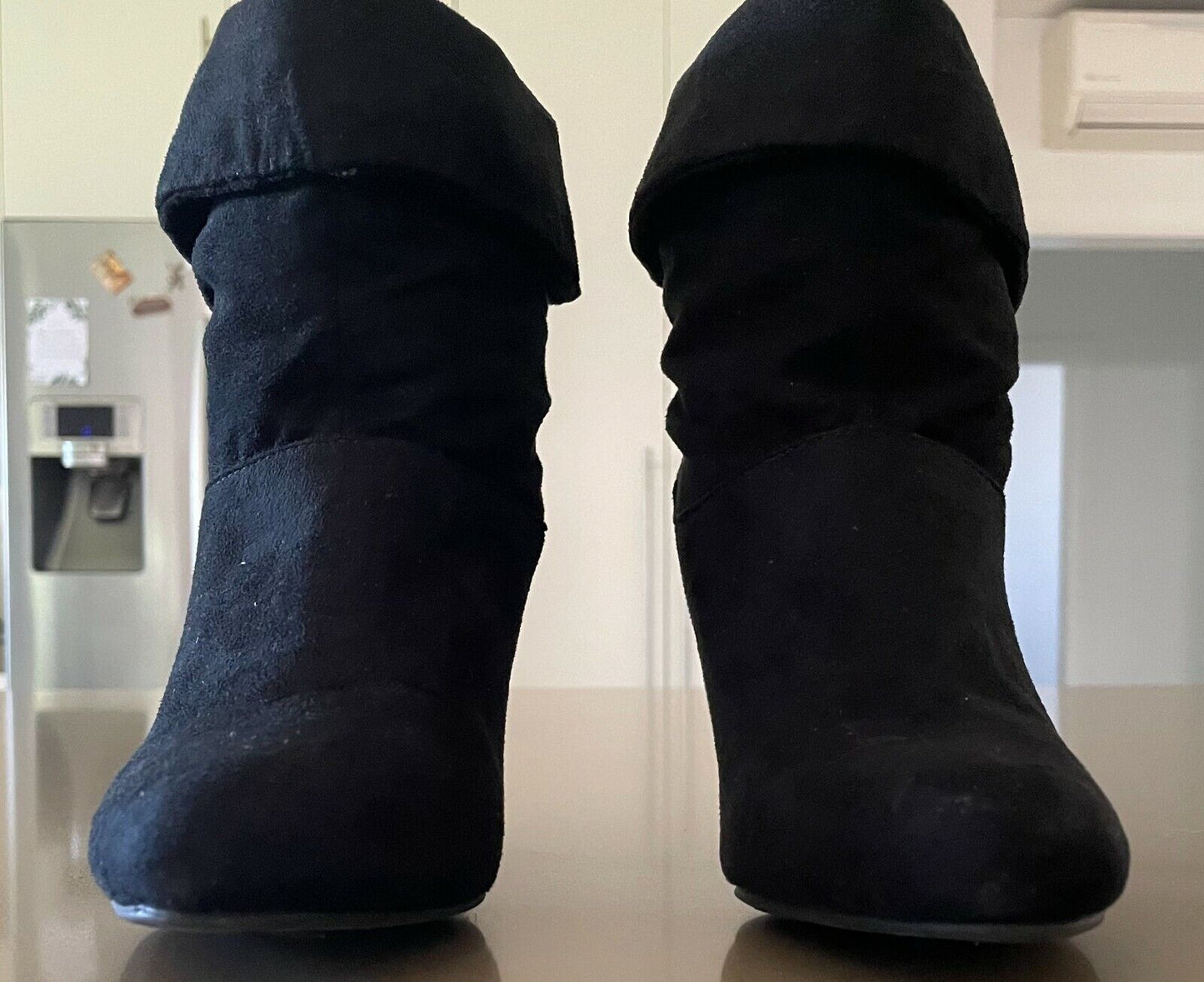 Ladies BLZAAR Ankle Boots Black Microsuede Fold Over Mid Heel Size 5