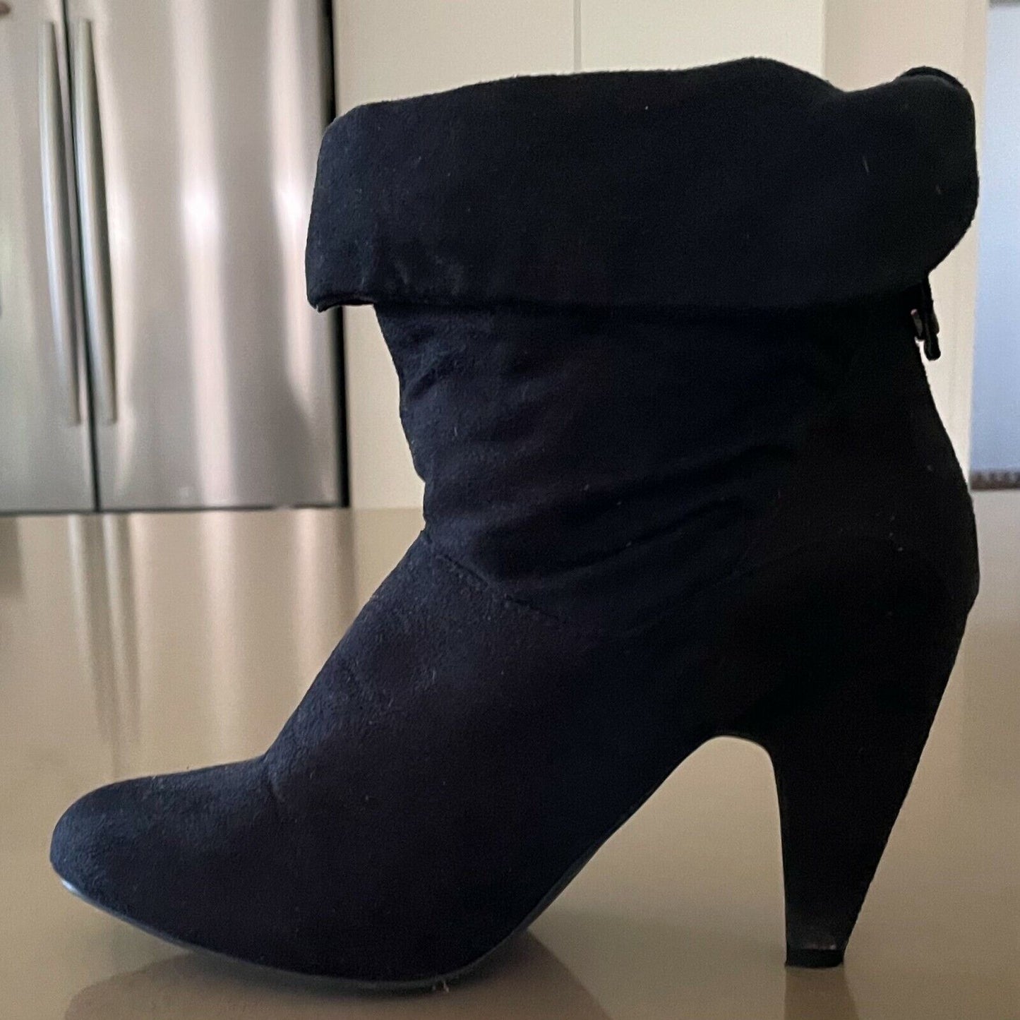 Ladies BLZAAR Ankle Boots Black Microsuede Fold Over Mid Heel Size 5