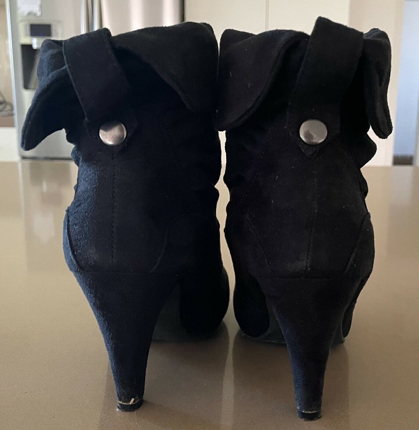 Ladies BLZAAR Ankle Boots Black Microsuede Fold Over Mid Heel Size 5