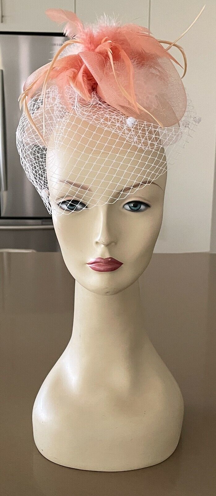 HAIR FASCINATOR Peach Colour Clip On Feather & Net Trim Ladies Headband One Size