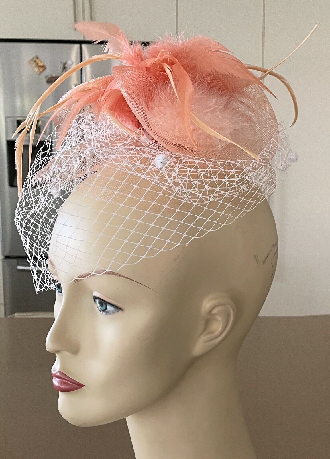 HAIR FASCINATOR Peach Colour Clip On Feather & Net Trim Ladies Headband One Size