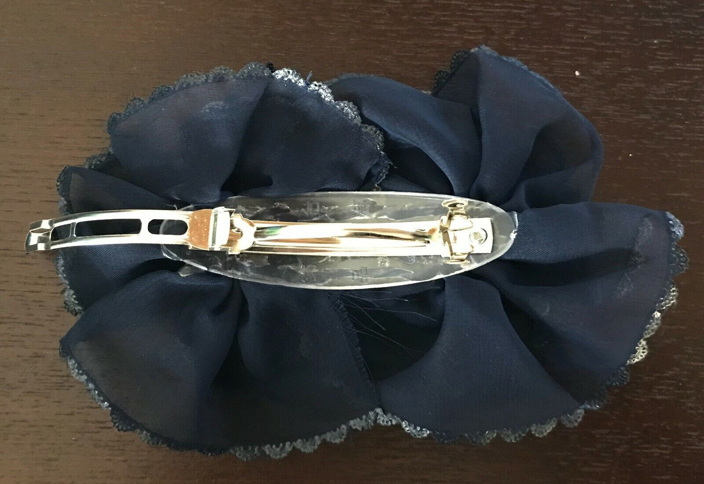 HAIR CLIP Navy Blue Organza Floral Rosette Hair Clasp with Lace Trim Ladies NEW