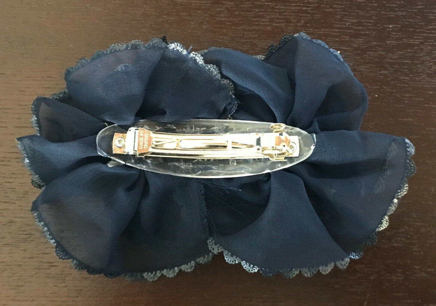 HAIR CLIP Navy Blue Organza Floral Rosette Hair Clasp with Lace Trim Ladies NEW