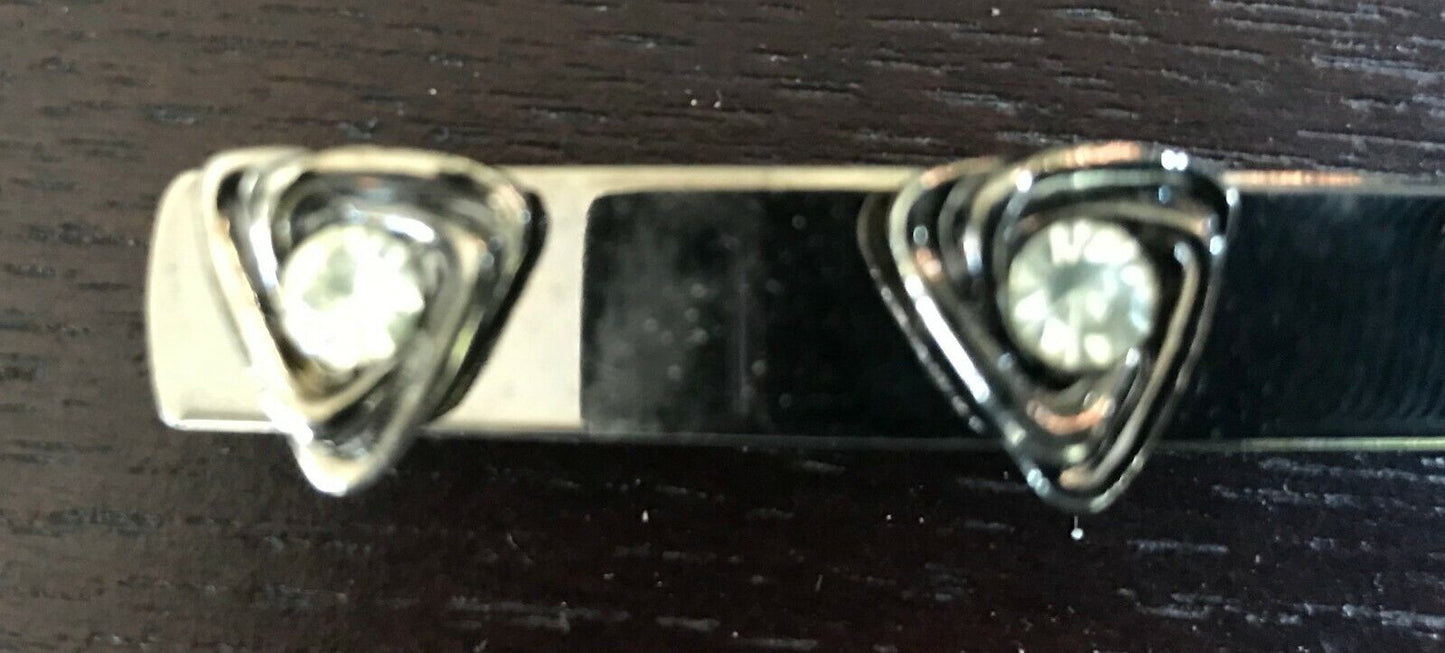 HAIR CLIP Pewter Tone Metal w Triangle and Crystal Trim Rectangle Ladies 6.5 cm