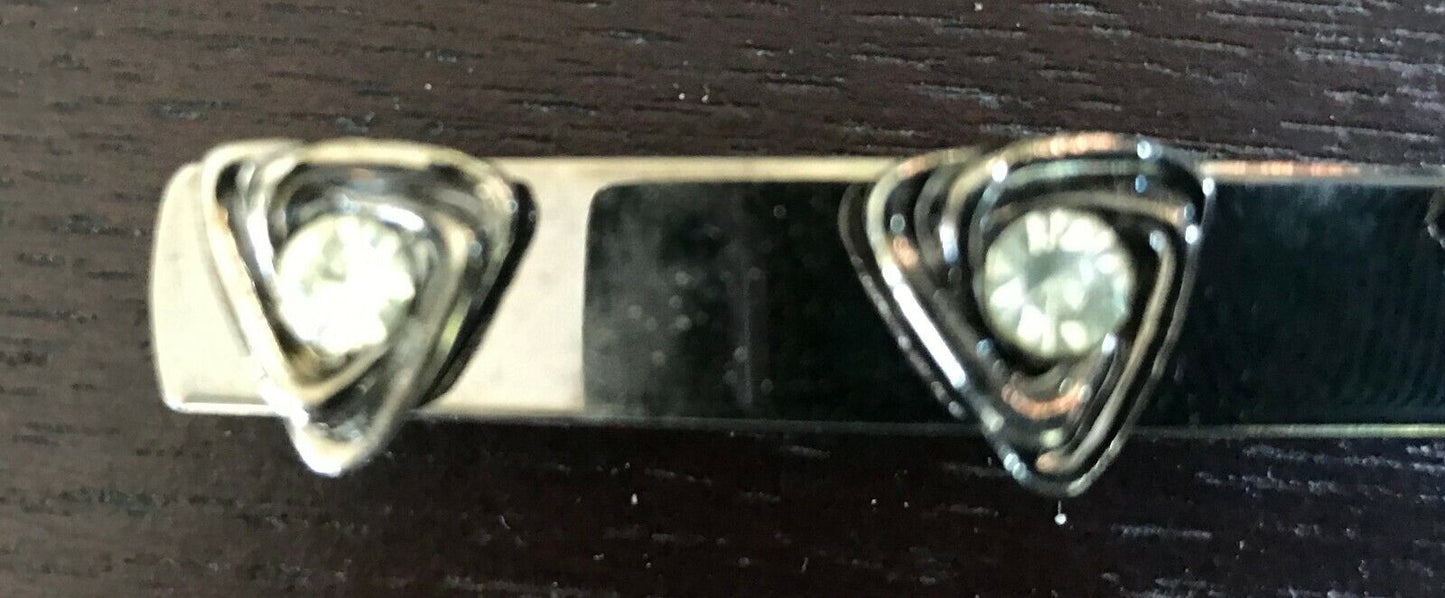 HAIR CLIP Pewter Tone Metal w Triangle and Crystal Trim Rectangle Ladies 6.5 cm
