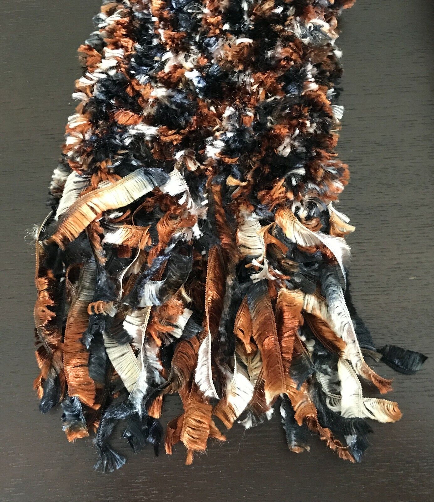 SCARF Handmade Eyelash "Furry" Knit Wool Brown Grey Navy Beige w Fringe Fluffy