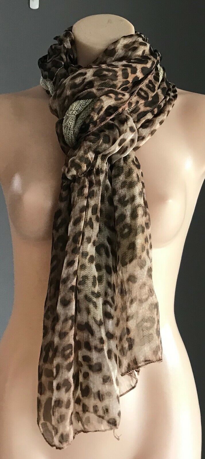 SCARF Double Layer Sheer Animal Print & Knit Rectangle 209 L x 33.5cm W Ladies