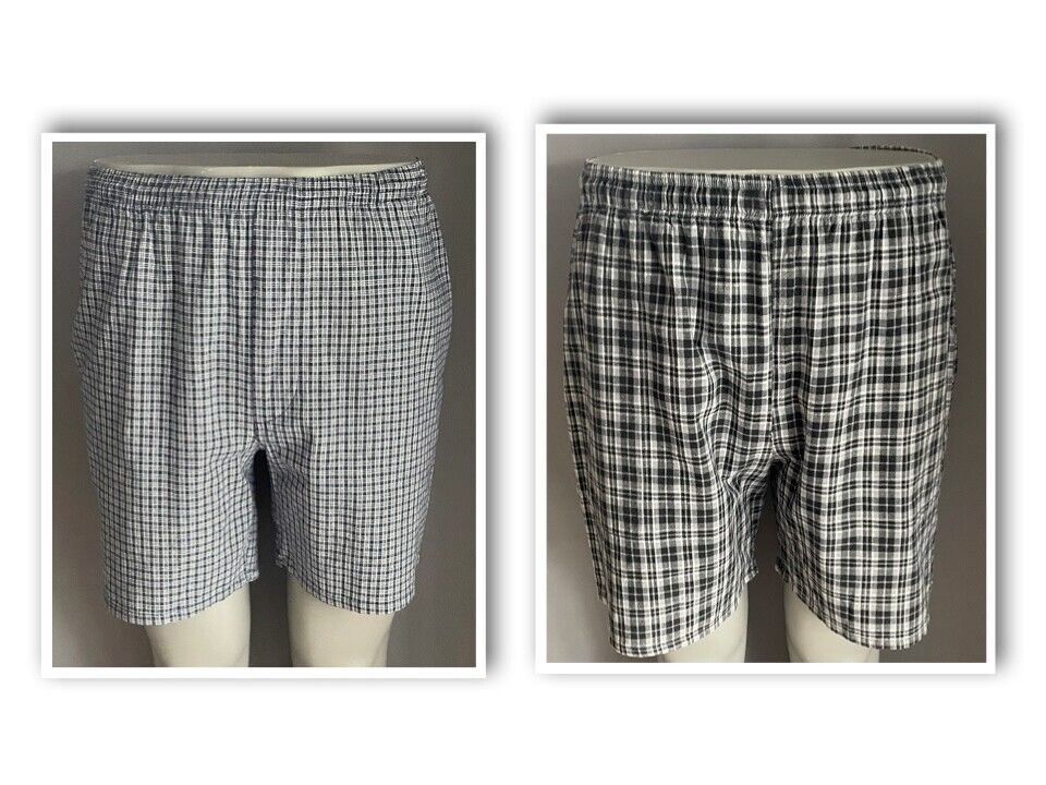 2 Pairs Mens Shorts Size L Elastic Waist Grey Black & Blue Yellow White Check
