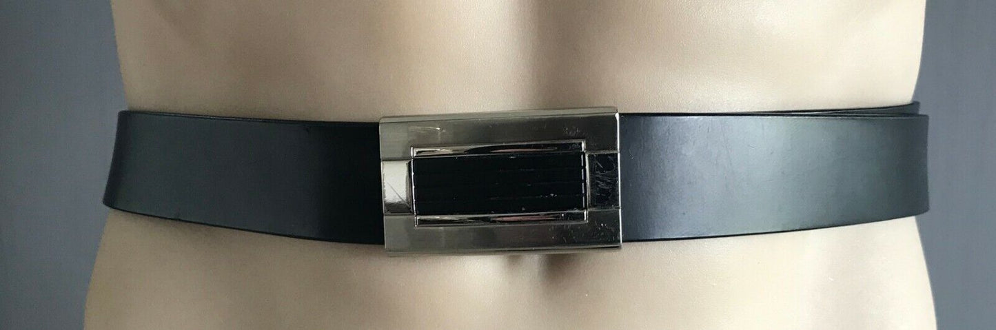 Mens LEATHER Belt BUCKLE Black Dress w Silver & Black Buckle Size 97 W 118 cm L