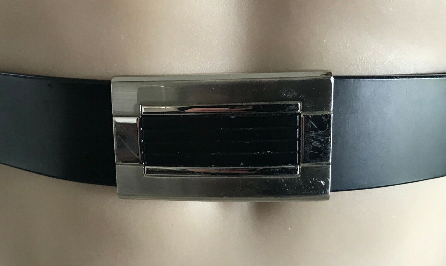 Mens LEATHER Belt BUCKLE Black Dress w Silver & Black Buckle Size 97 W 118 cm L
