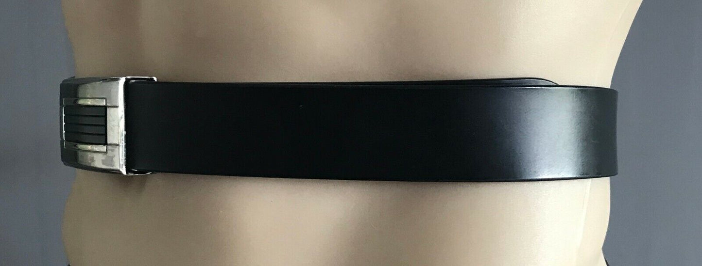 Mens LEATHER Belt BUCKLE Black Dress w Silver & Black Buckle Size 97 W 118 cm L