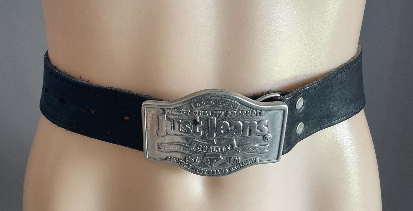 JUST JEANS Mens LEATHER Belt Black Western Cowboy Style Waist 57 - 72cm 4cm Wide