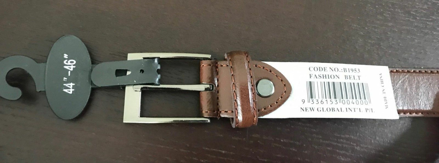 Mens LEATHER Belt Brown Dress Belt Pewter Pin Buckle Trim Sz 44 46 in Waist NEW