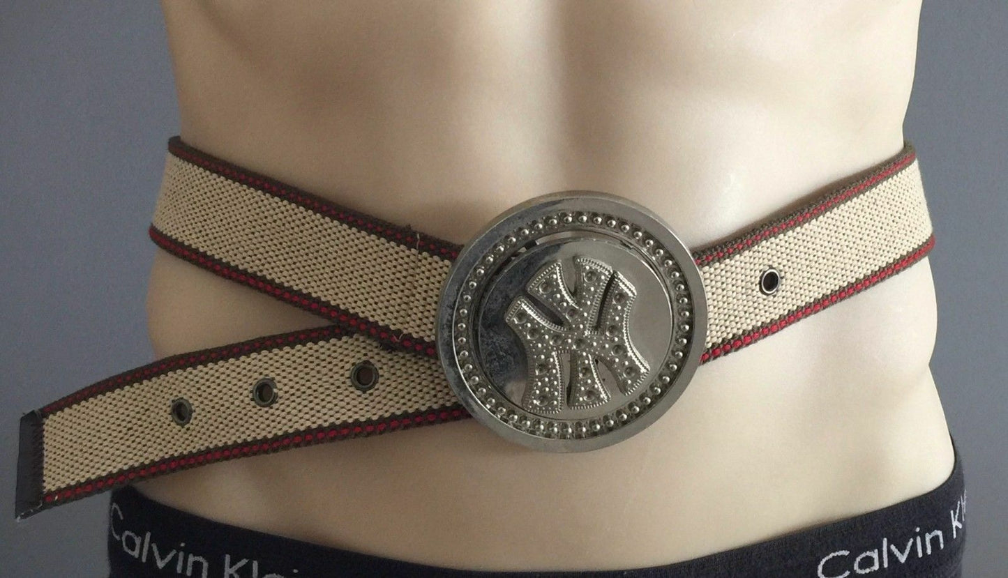 Mens CANVAS Belt 3.5cm Retro "Spinning" Silver Buckle Belt Beige Size S M Unique