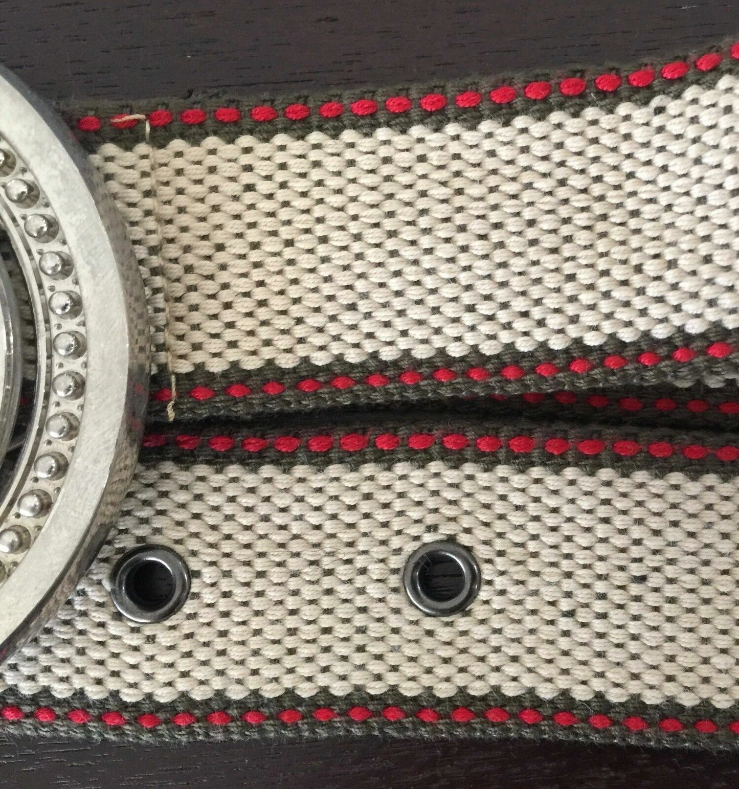 Mens CANVAS Belt 3.5cm Retro "Spinning" Silver Buckle Belt Beige Size S M Unique