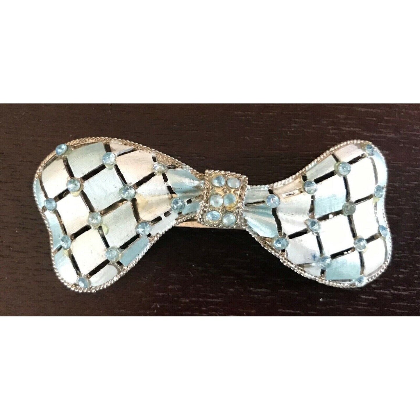 HAIR CLIP Light Blue & Silver Brushed Metal Bow Tie w Blue Crystal Trim Ladies N