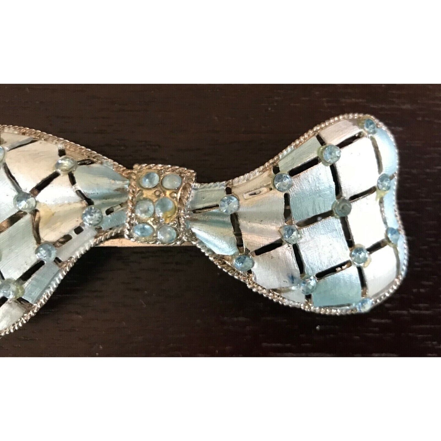 HAIR CLIP Light Blue & Silver Brushed Metal Bow Tie w Blue Crystal Trim Ladies N