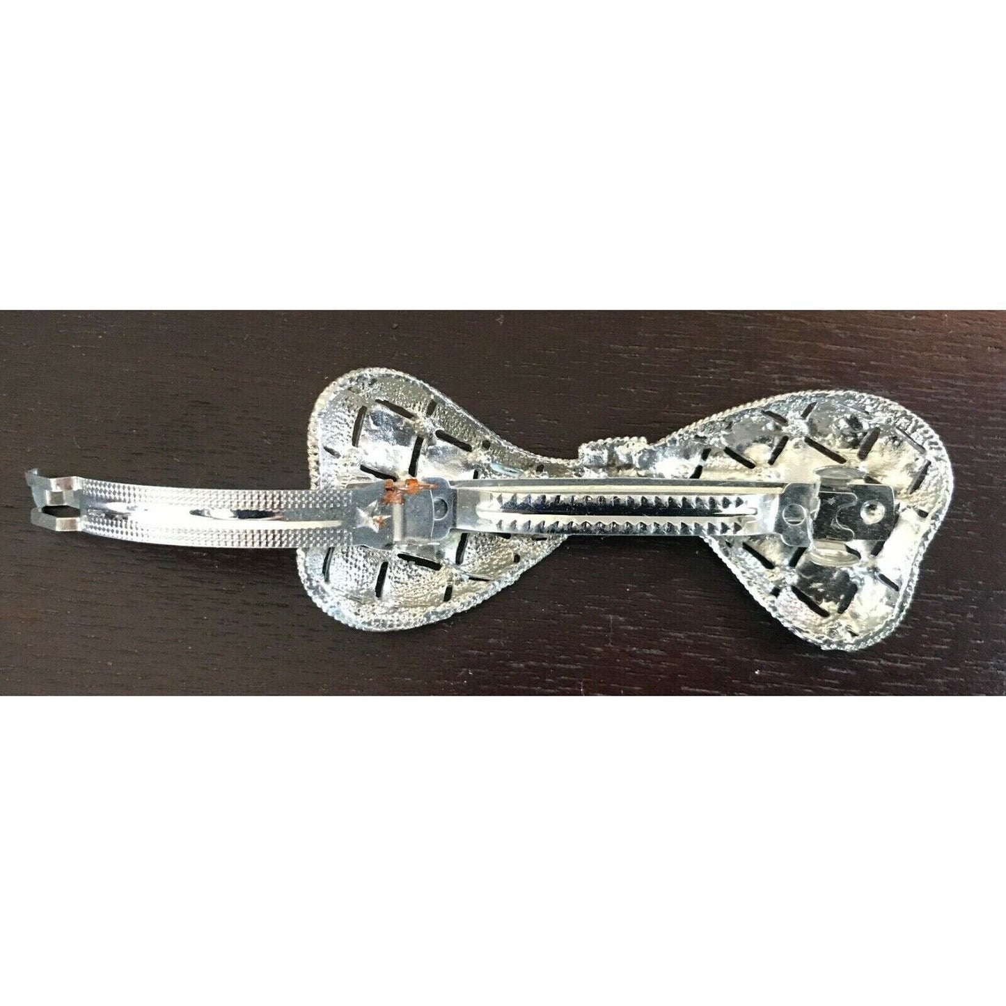 HAIR CLIP Light Blue & Silver Brushed Metal Bow Tie w Blue Crystal Trim Ladies N