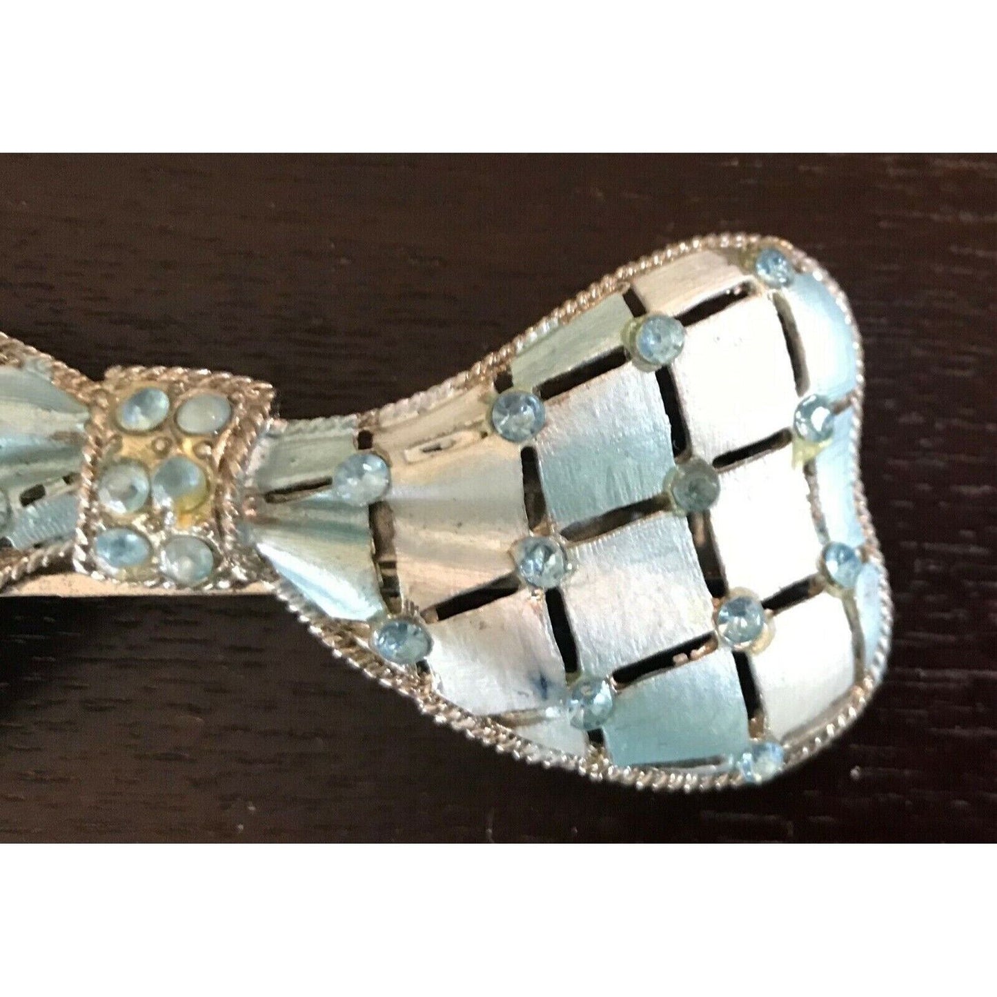HAIR CLIP Light Blue & Silver Brushed Metal Bow Tie w Blue Crystal Trim Ladies N