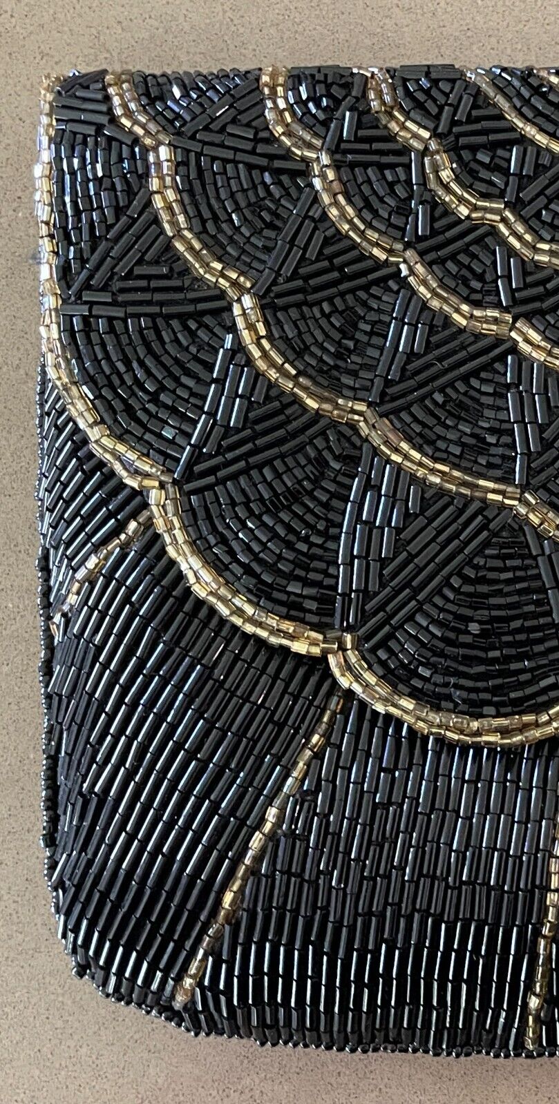 Evening Bag Black & Gold Fully Beaded Flap Closure Art Deco Vibe!