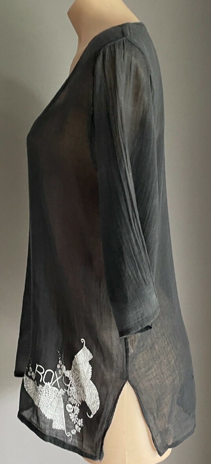 ROXY Ladies Top Tunic Black Lightweight Cotton 3/4 Sleeve Relaxed Fit Size 12 14