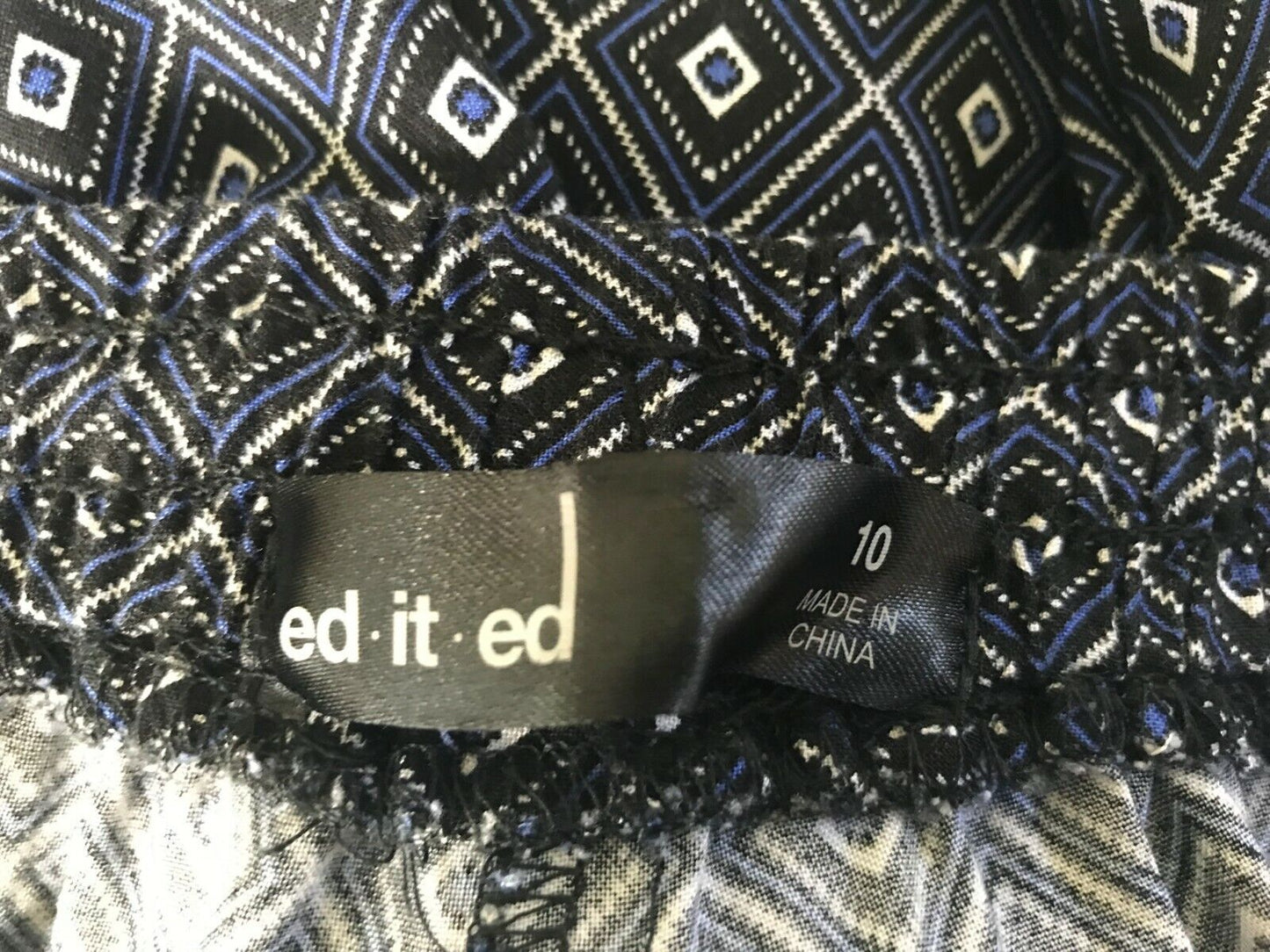 ED.IT.ED Blue Black White Geo Elastic Waist Tapered Harem Ladies Size 10 Pants