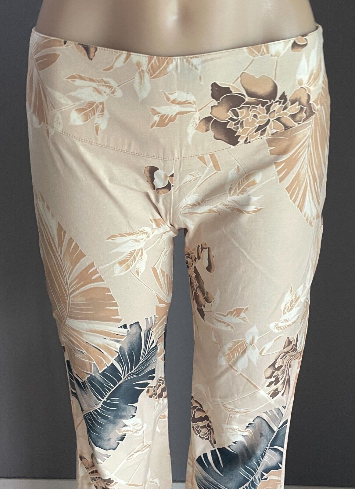 Ladies Size 10 Pants PRINTSTAR Beige Floral Straight Leg Stretch Trousers RETRO