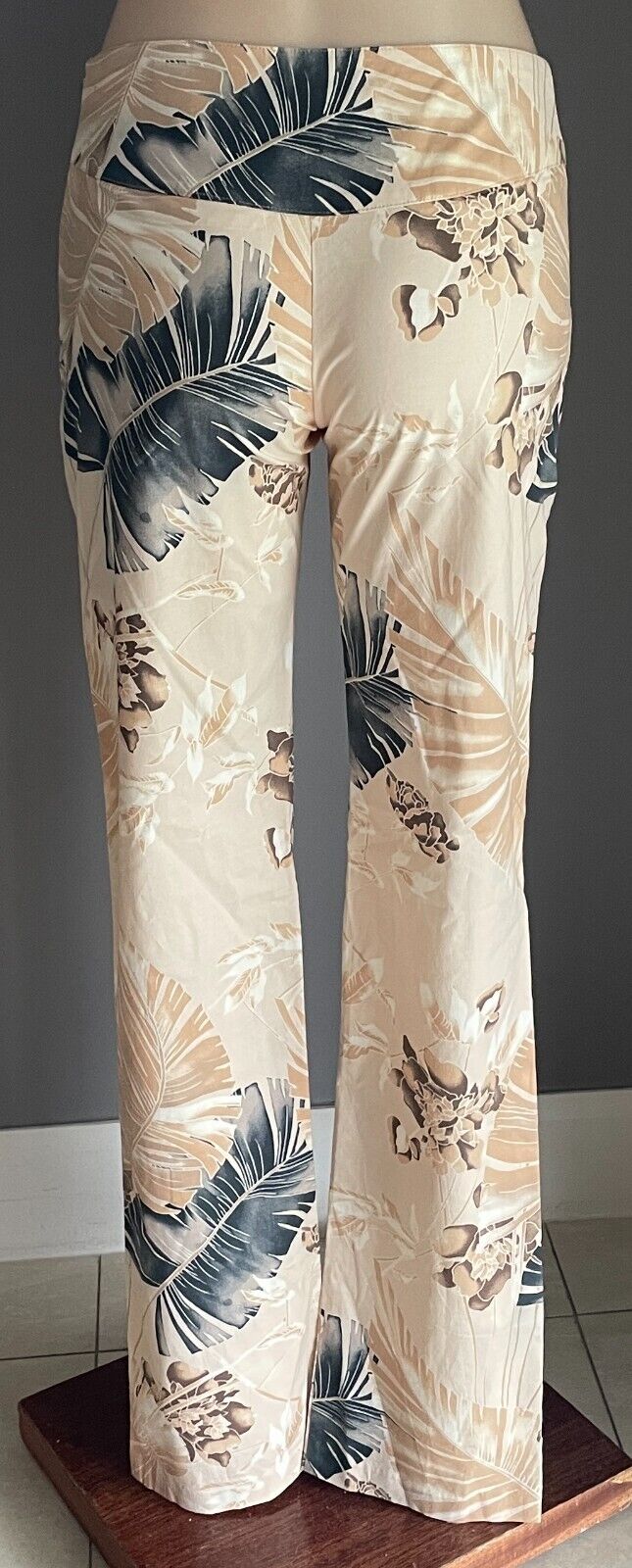 Ladies Size 10 Pants PRINTSTAR Beige Floral Straight Leg Stretch Trousers RETRO