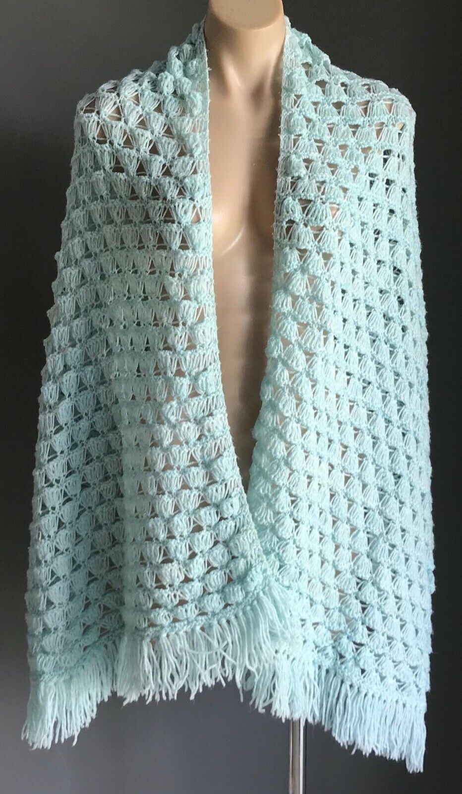 Vintage Handmade Fringed Crochet Shawl Mint Green Rectangle Knit Wrap