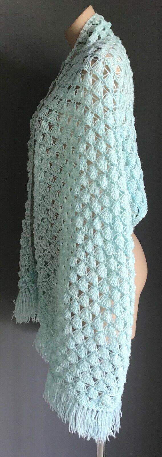 Vintage Handmade Fringed Crochet Shawl Mint Green Rectangle Knit Wrap