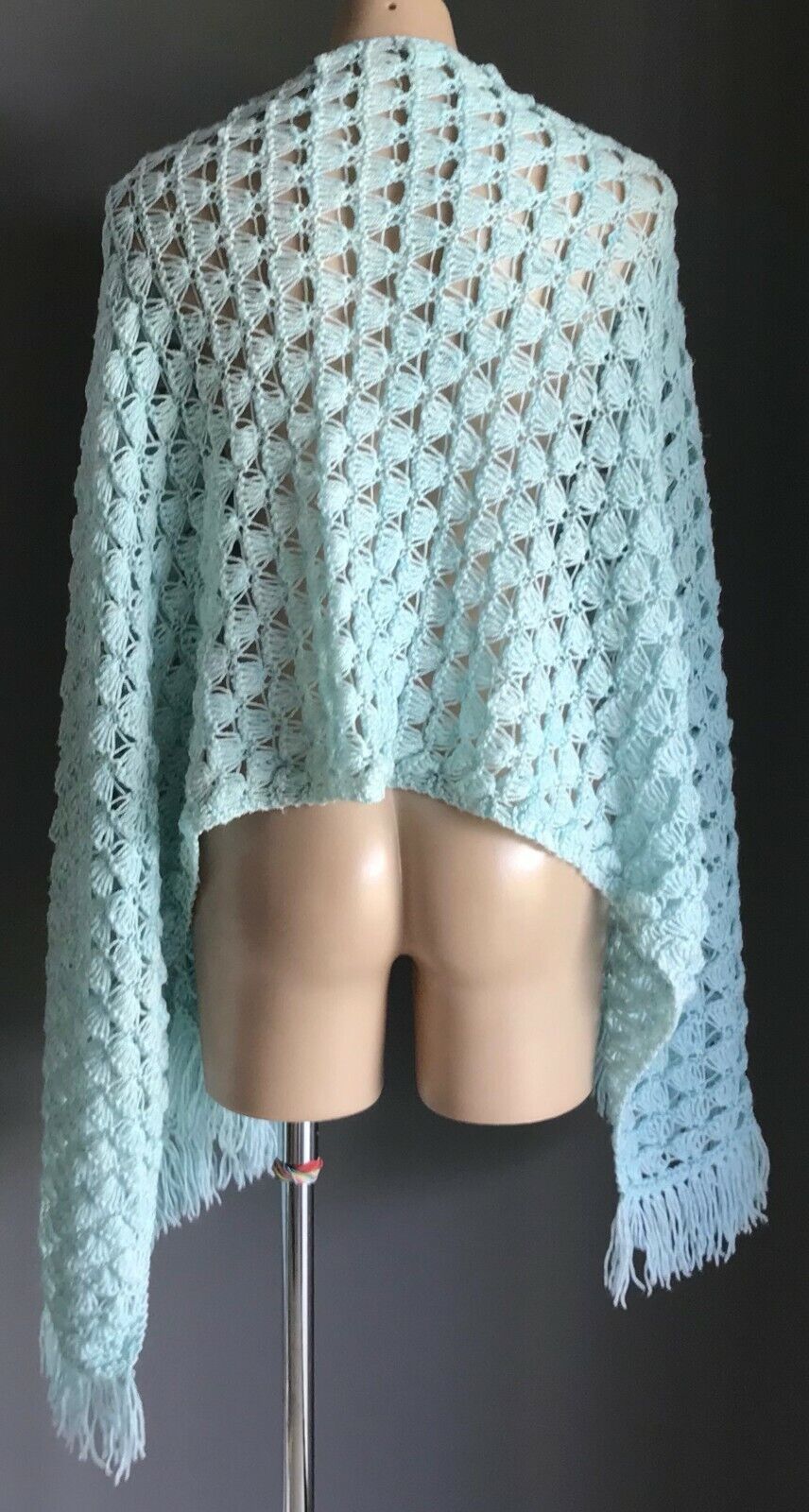 Vintage Handmade Fringed Crochet Shawl Mint Green Rectangle Knit Wrap