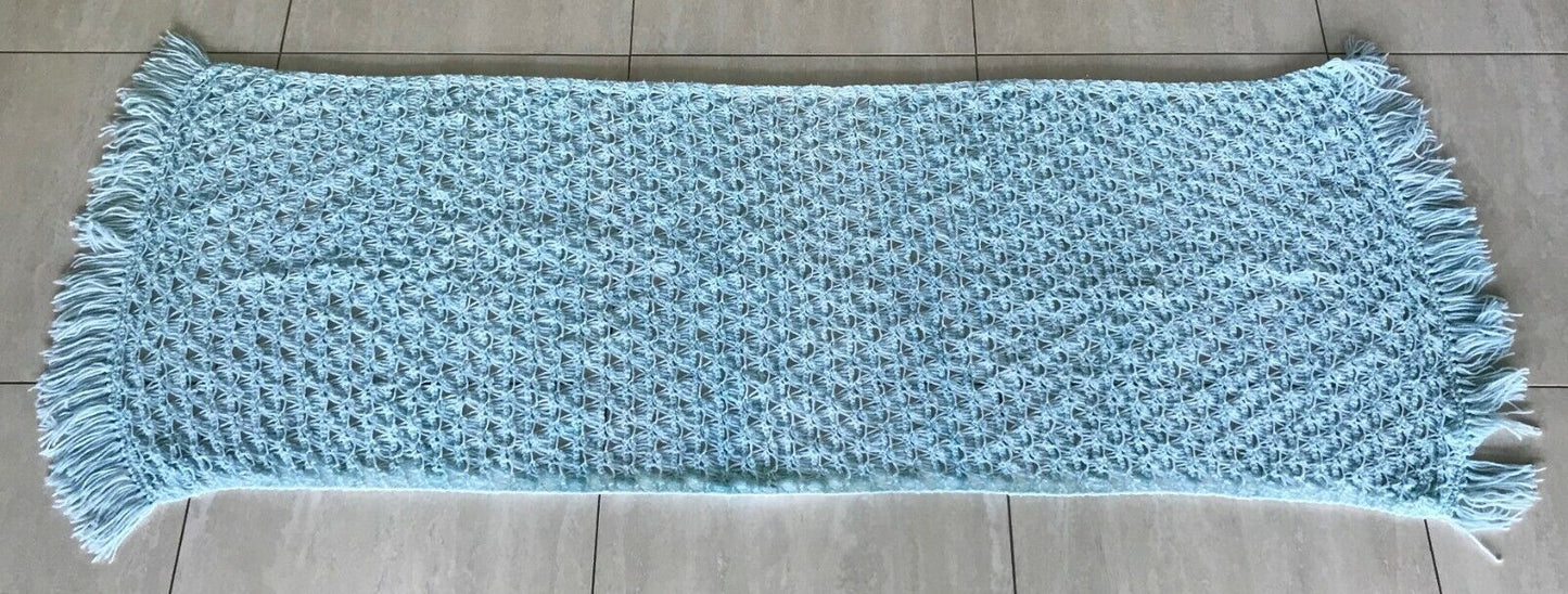 Vintage Handmade Fringed Crochet Shawl Mint Green Rectangle Knit Wrap