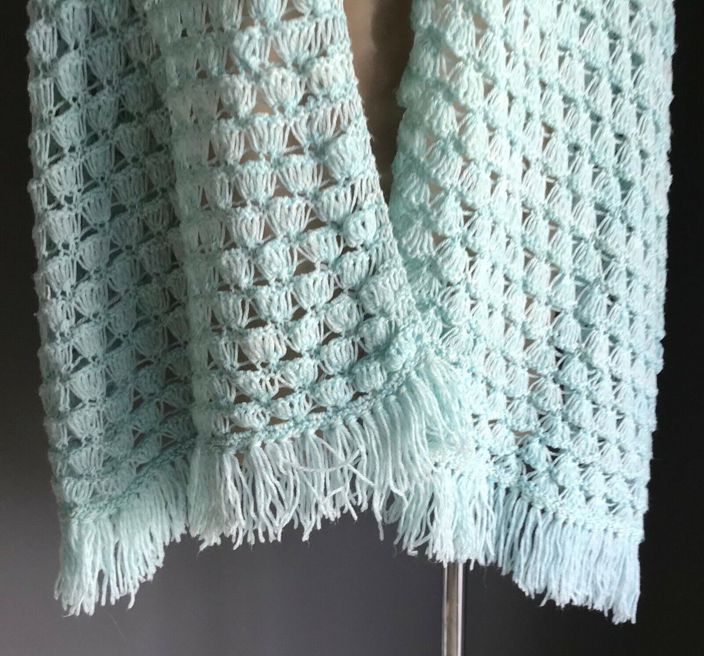 Vintage Handmade Fringed Crochet Shawl Mint Green Rectangle Knit Wrap