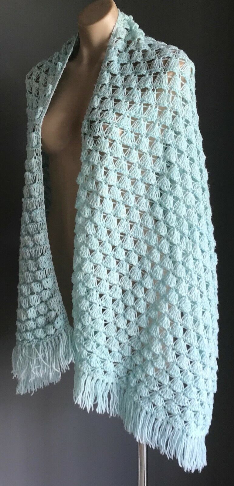 Vintage Handmade Fringed Crochet Shawl Mint Green Rectangle Knit Wrap