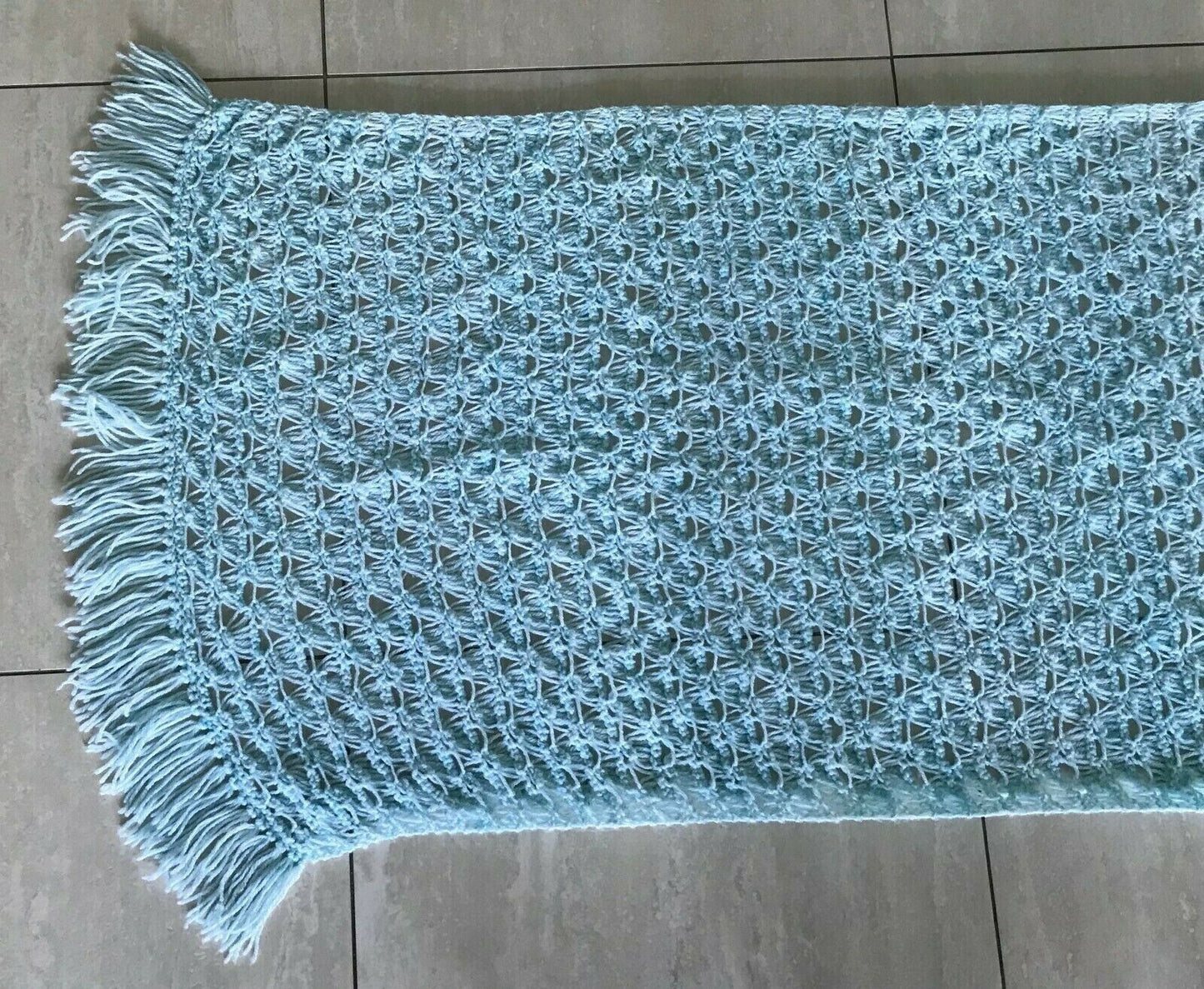Vintage Handmade Fringed Crochet Shawl Mint Green Rectangle Knit Wrap