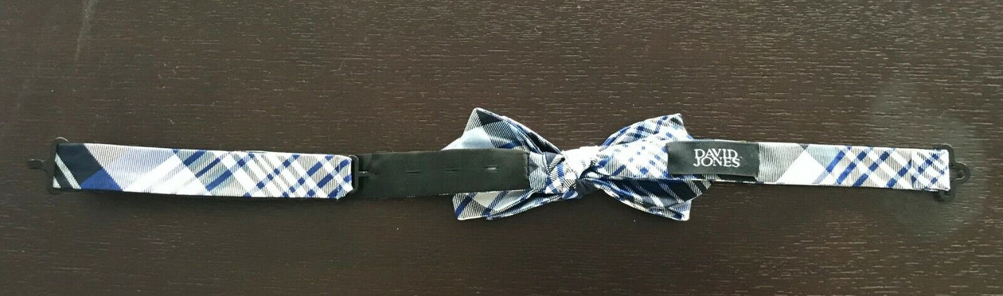 Mens DAVID JONES BowTie Blue Black Grey White Check Pre-Tied Adjustable Bow Tie