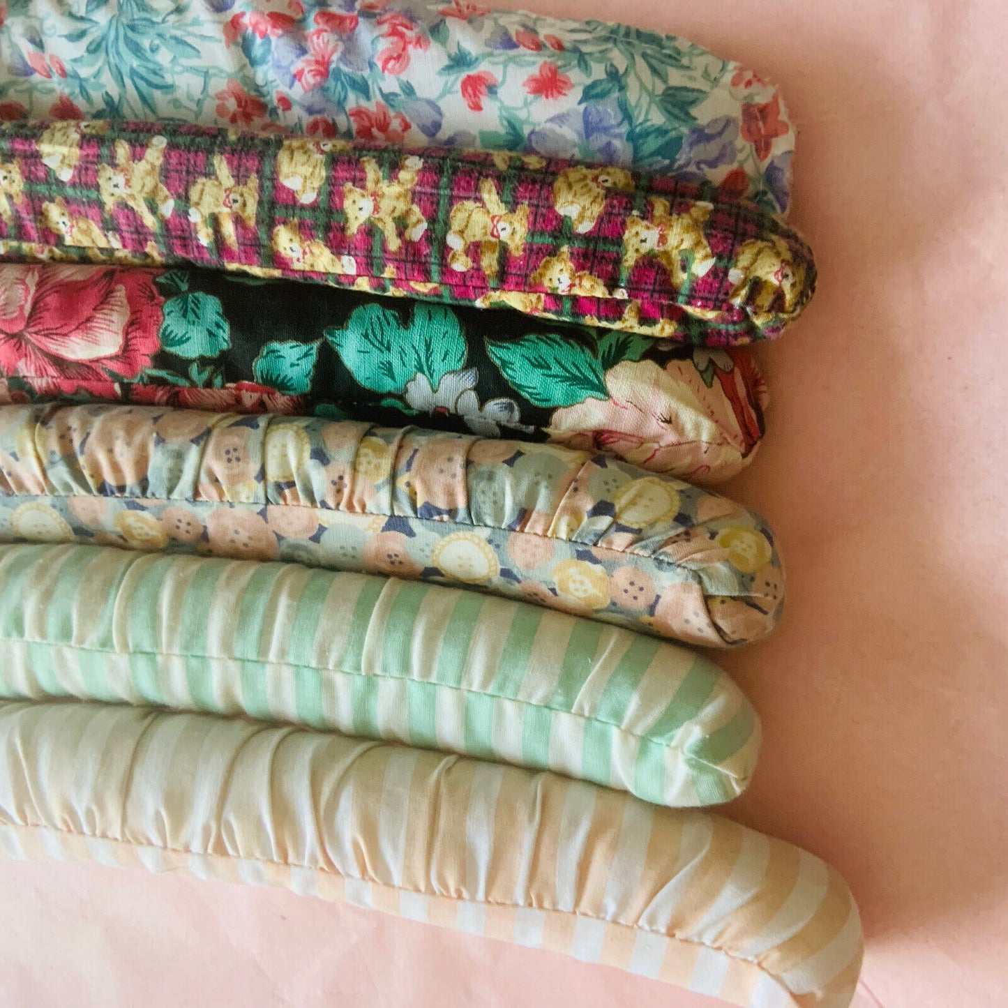 6x Vintage Covered Wooden Clothes Coat Hangers Floral & Solid Fabric 1960's #31