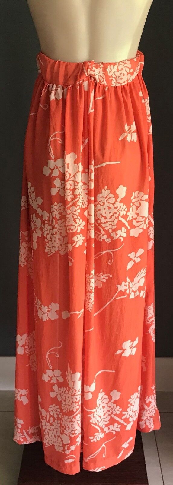 Maxi Dress LEMISEE Orange & Beige Floral Print Open Back Halter Neck Size 10