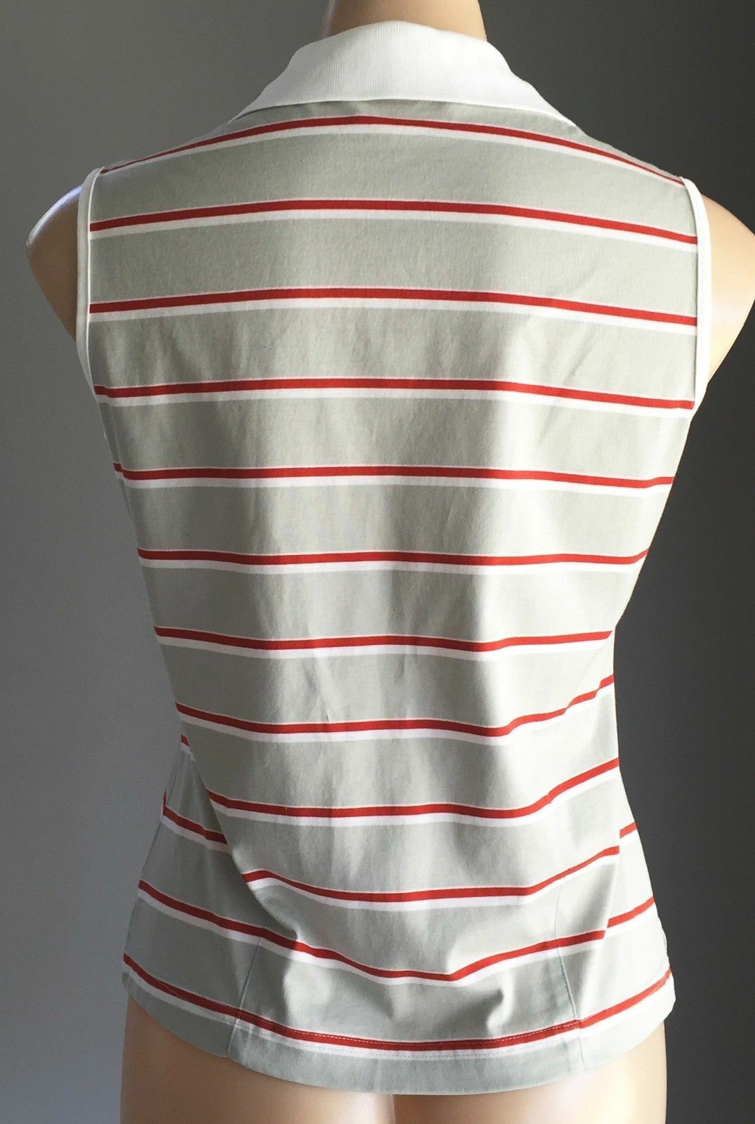 WIMBLEDON Tennis Top White Rust & Khaki Stripe Sleeveless Polo Ladies Size 10