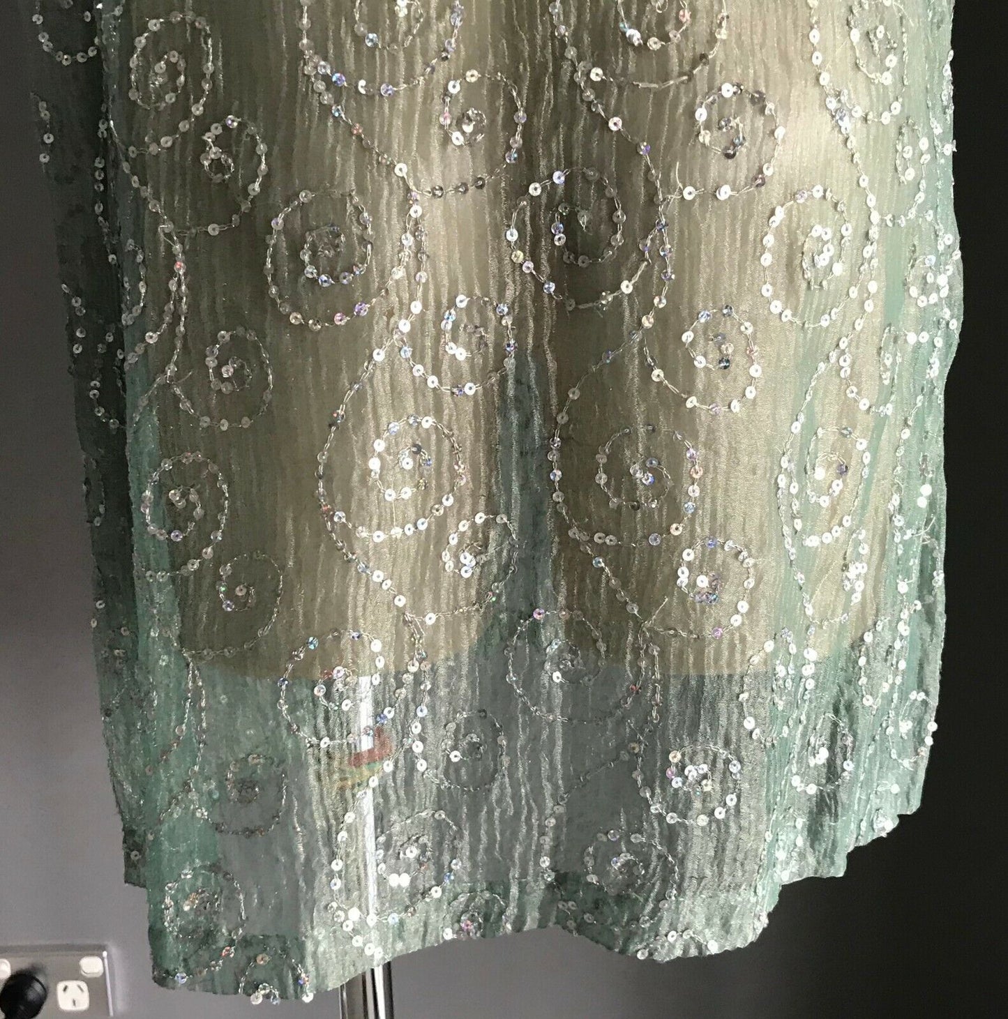 Sheer Shift Dress Sage Green Silver Shimmer Sleeveless w Sequin Trim Size 14