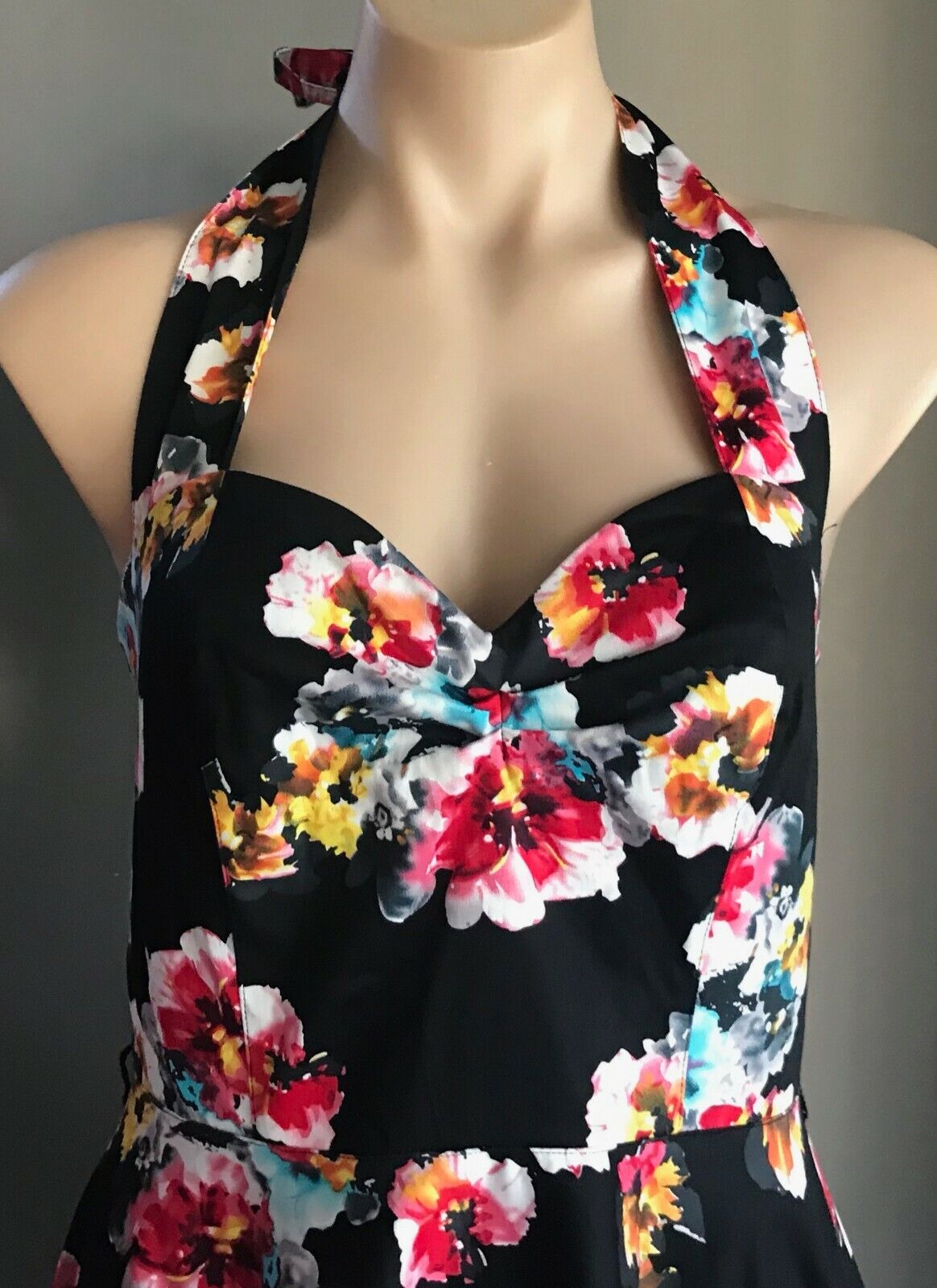Fit & Flare Dress Black Floral Halter Neck Ladies Size 14 Retro Handmade 1950's