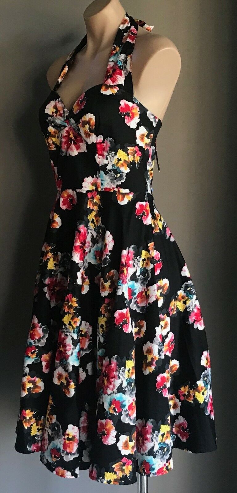 Fit & Flare Dress Black Floral Halter Neck Ladies Size 14 Retro Handmade 1950's
