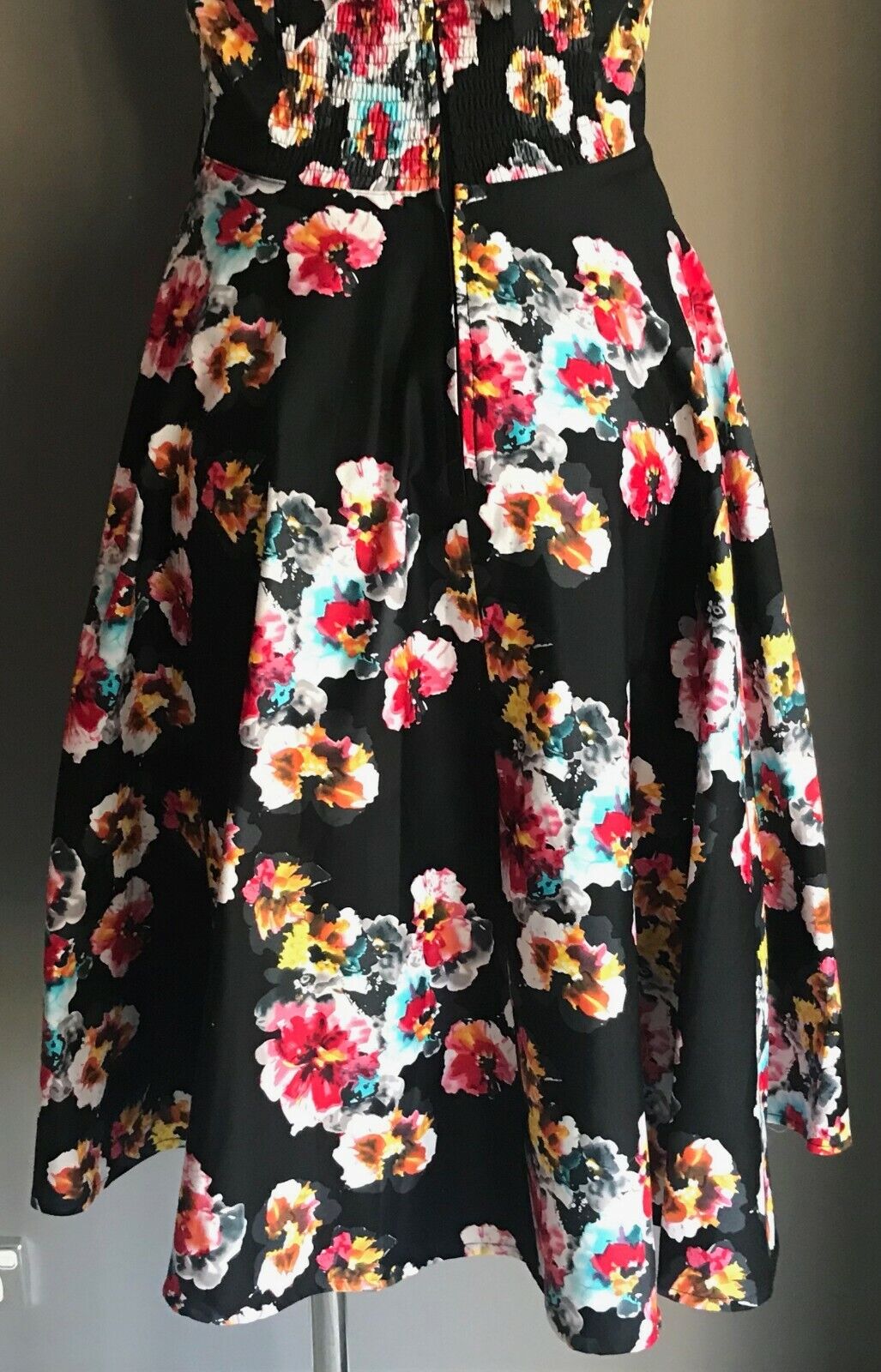 Fit & Flare Dress Black Floral Halter Neck Ladies Size 14 Retro Handmade 1950's