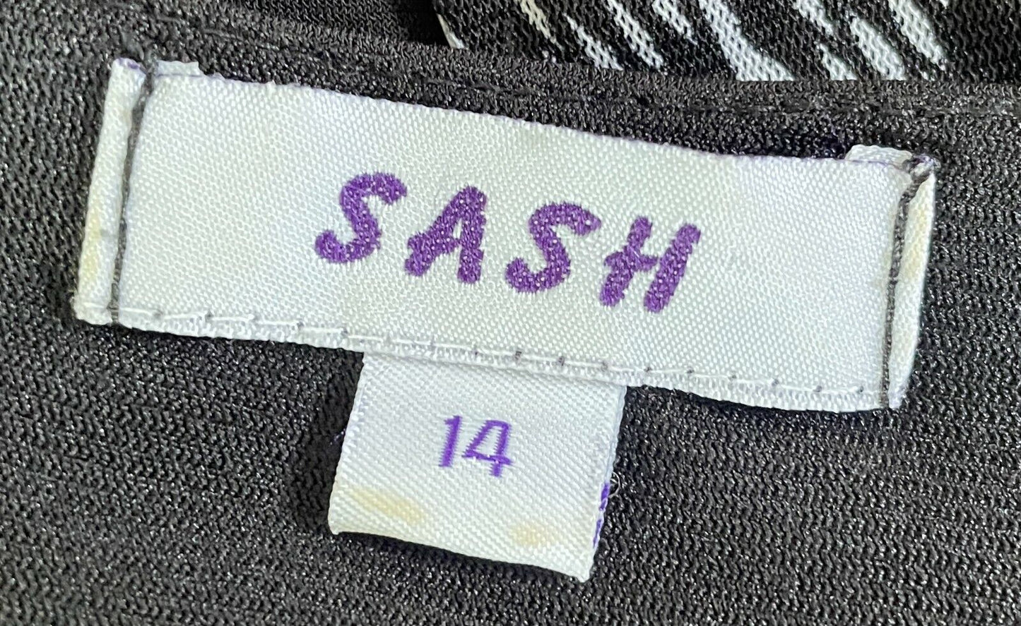SASH Dress Black & MultiColoured Mesh Net Insert 3/4 Sleeve Empire Waist Size 14