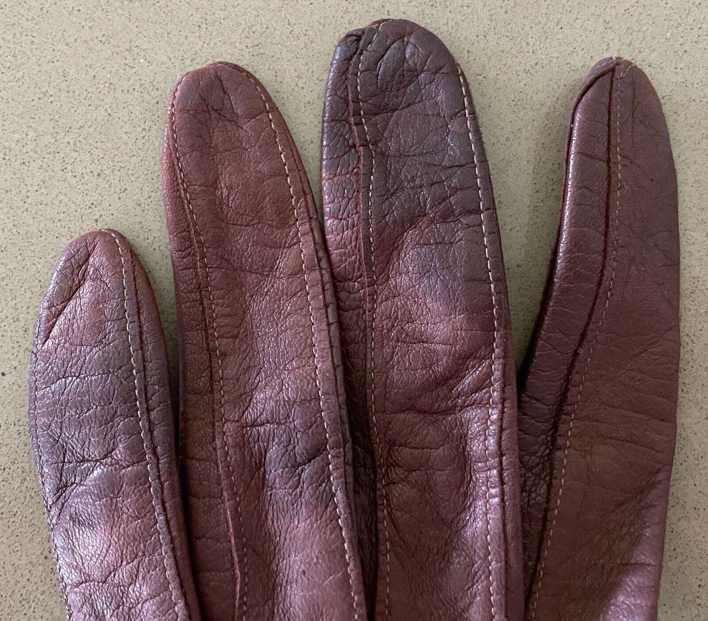 Vintage GLOVES Wrist Brown Nappa Leather Stitch Detail Press Stud Ladies Size 6