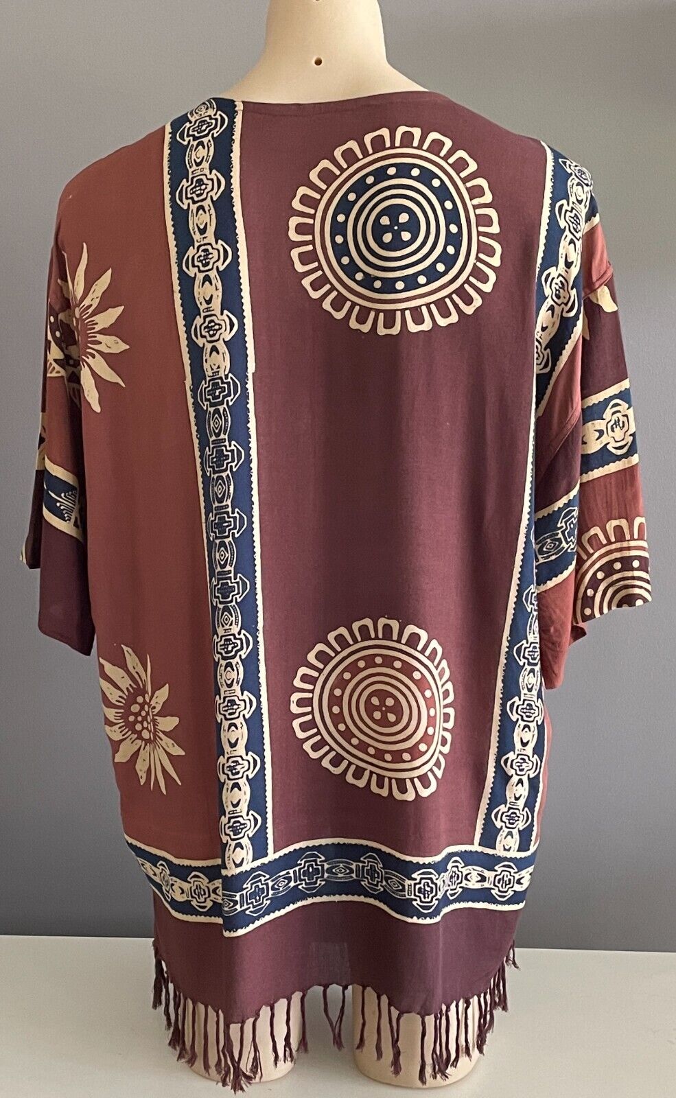 Mens Traditional African Batik Top Short Sleeve Brown Navy Fringe 130cm Chest