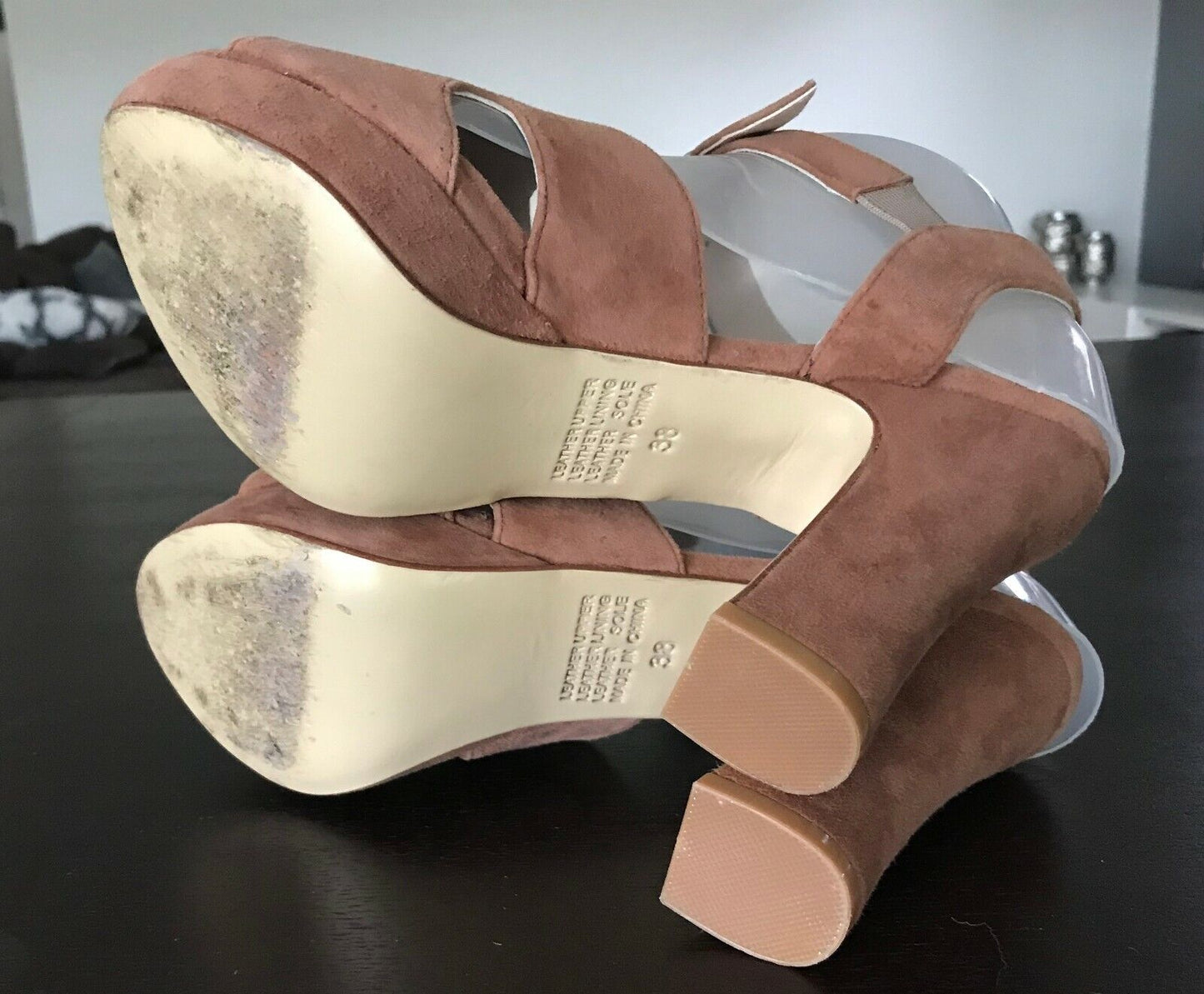ZOMP Peep Toe Sandals Tan Suede Leather Platform Chunky Block High Heel Size 38